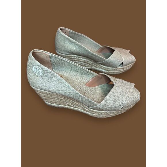 Tory Burch Natural Filipa Metallic Espadrille Wedge Sandals 10 - Picture 1 of 10
